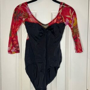 Floral Mesh Sleeve Black Ballet Women’s Leotard